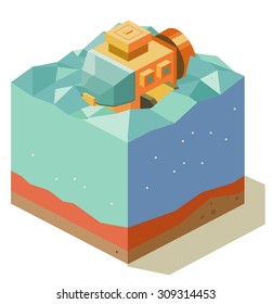 Underwater exploration with submarine. isometric art