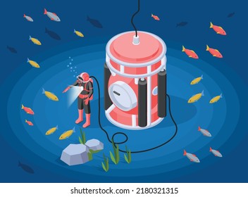 Underwater explore isometric composition with man in diving suit studying inhabitants of ocean near bathyscaphe vector illustration