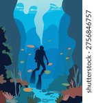 Underwater Explorer: A Vibrant Vector Illustration Depicting Marine Life and Deep Sea Diving. Perfect for wall art, posters, and aquatic-themed decorations, highlighting ocean exploration and life.