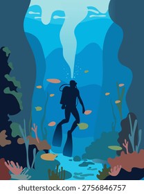 Underwater Explorer: A Vibrant Vector Illustration Depicting Marine Life and Deep Sea Diving. Perfect for wall art, posters, and aquatic-themed decorations, highlighting ocean exploration and life.