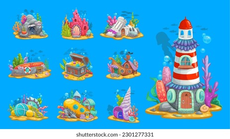 Underwater fairytale buildings and dwellings or undersea homes, vector cartoon game assets. Underwater creatures houses of boat submarine in ocean coral reef, sea mermaid or fish dwelling in shell