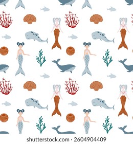 Underwater fairytale seamless pattern. Mermaid, coral, whale, fish. Childish Pattern for cards, invitations, designs in nautical style