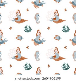 Underwater fairytale seamless pattern. Mermaid sitting on a turtle, coral, fish, seahorse. Childish Pattern for cards, invitations, designs in nautical style
