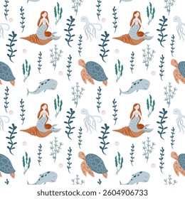 Underwater fairytale seamless pattern. Mermaid, turtle, algae, octopus, fish, whale. Childish Pattern for cards, invitations, designs in nautical style