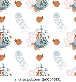 Underwater fairytale seamless pattern. Mermaid, jellyfish, coral, fish, fugu fish. Childish Pattern for cards, invitations, designs in nautical style