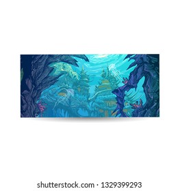 Underwater fantastic city. Concept art illustration. Sketch gaming design. Fantastic vehicles, trees, people. Hand drawn vector painting. 