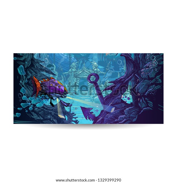 Underwater fantastic city. Concept art illustration.
Sketch gaming design. Fantastic vehicles, trees, people. Hand drawn
vector painting. 