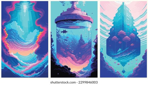 Underwater Fantasy Of Colorful Color With Some Beautiful Creature set collection of abstract vector illustration