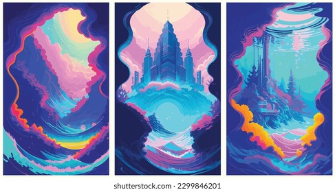 Underwater Fantasy Of Colorful Color With Some Beautiful Creature set collection of abstract vector illustration