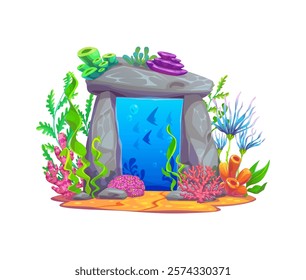 Underwater fantasy game magic portal door in sea water, vector cartoon element. Undersea portal door in stone gate arch or coral reef rock cave with fishes and seaweeds for portal gate or game asset