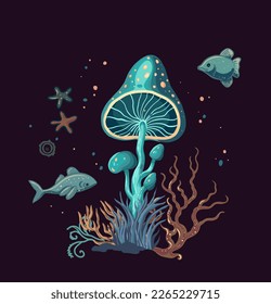 Underwater fantasy mushroom with fish, coral, seaweeds crazy design. Vector cartoon sea. Mystery undersea fungi and magic plants. Bizzare creepy mushrooms with fantastic strange plants illustration