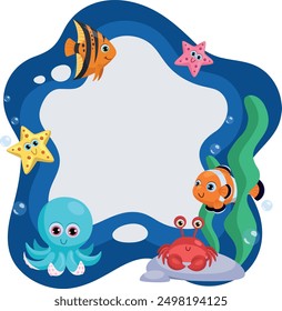 Underwater fauna frame. Cartoon sea animals border