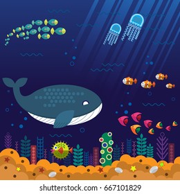 Underwater with fish, Anemonefish, big whale, puffer fish and coral.Vector illustrations flat design concept.