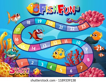 Underwater fish board game template illustration