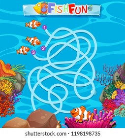 Underwater fish maze game template illustration