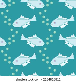 Underwater fish scene vector seamless repeatable pattern in silver and teal green with water bubbles