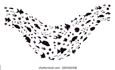 Underwater fish schools. Groups of sea fishes, fish schools shoal wave, swimming little fishes silhouettes, fish colony vector illustration. Black small characters on white, marine life