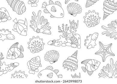 Underwater fish and seashells coloring page with tropical marine animals, corals, and starfish. Hand-drawn ocean-themed vector illustration for kids activity or coloring book.