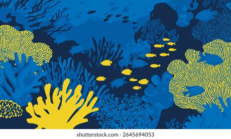 Peixes subaquáticos nadando através da colorida profundidade da paisagem dos recifes de corais