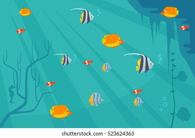 Underwater With Fish. Vector Flat Cartoon Illustration