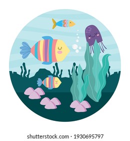 underwater fishes jellyfish algae cartoon