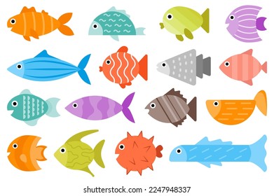 Los peces subacuáticos establecen el concepto sin la escena de la gente en el diseño de caricaturas planas. Imágenes de diferentes tipos de peces encontrados en cuerpos de agua. Ilustración vectorial.