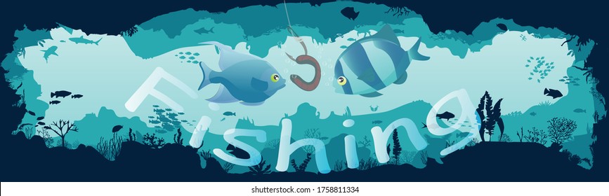
Underwater fishing scene. The fish looks at the worm. Marine underwater background. The bottom of the ocean with algae. Deep blue water, coral reef and underwater plants. vector