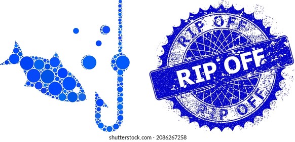 Underwater fishing vector composition of circle dots in different sizes and blue color tints, and rubber RIP Off stamp seal. Blue round sharp rosette stamp seal contains RIP Off tag inside.