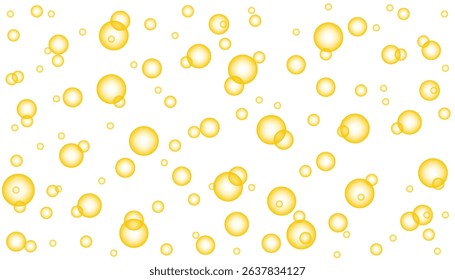 Underwater fizzing air bubbles. Cold orange juice or champagne alcohol beverage. Fresh soda or yellow  carbonated water. Golden sphere. Fizzy pop and effervescent drink texture. Realistic vector.