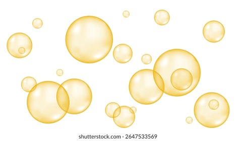 Underwater fizzing air bubbles. Cold orange juice or champagne alcohol beverage. Fresh soda or yellow  carbonated water. Golden sphere. Fizzy pop and effervescent drink texture. Realistic vector.