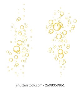 Bolhas de ar frisantes subaquáticas. Suco de laranja frio ou bebida alcoólica de champanhe. Refrigerante fresco ou água amarela gaseificada. Esfera dourada. Espumante pop e efervescente bebida textura. Vetor realista.