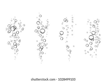  Underwater fizzing air bubbles flow on white  background. Fizzy sparkles in water, sea, aquarium. Soda pop. Champagne. Effervescent drink. Undersea vector texture.