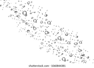 Underwater fizzing air bubbles flow on white background. Oxygen in water, sea, aquarium. Fizzy drink. Soda pop. Effervescent drink. Water bubbles. Undersea vector texture