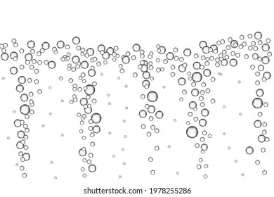 Underwater fizzing air bubbles flow in water on white background.  Underwater Fizzy sparkles in water, lake, river, sea, aquarium, and ocean. Realistic effervescent champagne drink, soda effect.
