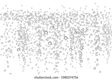 Underwater fizzing air bubbles flow in water on white background. Fizzy sparkles in water, lake, river, sea, aquarium, and ocean. Realistic effervescent champagne drink, soda effect, clean oxygen.