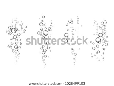  Underwater fizzing air bubbles flow on white  background. Fizzy sparkles in water, sea, aquarium. Soda pop. Champagne. Effervescent drink. Undersea vector texture.