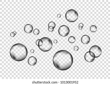  Underwater fizzing air bubbles on transparent  background. Effervescent drink.  Fizzy sparkles in water, sea, aquarium, ocean. Soda pop. Undersea vector texture.