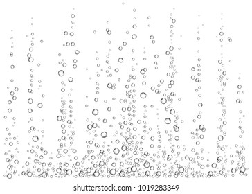  Underwater fizzing air bubbles on white  background. Champagne. Realistic 3d fizzy drink. Soda pop. Undersea vector texture.