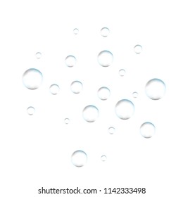 Underwater fizzing air bubbles on white background. Fizzy sparkles in water, sea, aquarium, ocean. Effervescent drink. Undersea vector texture.