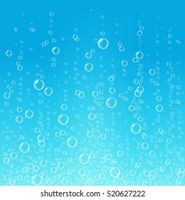 Underwater fizzing air bubbles on blue background. Fizzy sparkles in water, sea, aquarium, ocean. Liquid texture. Undersea vector illustration.