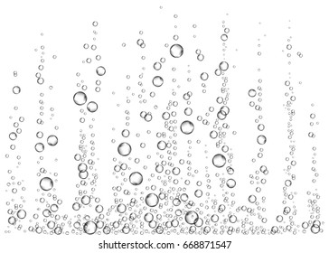 Underwater fizzing air bubbles on white  background. Fizzy sparkles in water, sea, aquarium, ocean. Effervescent drink. Undersea vector texture.