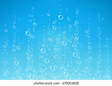 Underwater fizzing air bubbles on blue background. Fizzy sparkles in water, sea, aquarium, ocean. Drink texture. Undersea vector illustration.