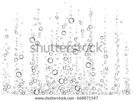 Underwater fizzing air bubbles on white  background. Fizzy sparkles in water, sea, aquarium, ocean. Effervescent drink. Undersea vector texture.