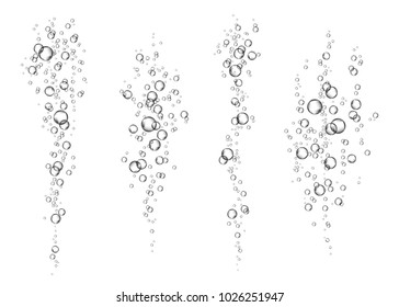  Underwater fizzing air bubbles  stream on white  background. Fizzy sparkles in water, sea, aquarium. Soda pop. Champagne. Effervescent drink. Undersea vector texture.