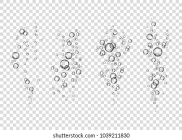  Underwater fizzing air bubbles  stream on transparent   background. Fizzy drink. Soda pop. Champagne. Sparkling water. Undersea vector texture.
