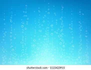 Underwater fizzing air, water or oxygen  bubbles on blue  background. Fizzy sparkles in sea, aquarium. Fizz. Undersea vector texture with rays of sunlight.
