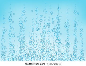 Underwater fizzing air, water or oxygen  bubbles on blue  background. Fizzy sparkles in sea, aquarium. Fizz. Undersea vector texture with rays of sunlight.