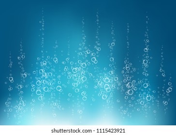 Underwater fizzing air, water or oxygen  bubbles on blue  background. Fizzy sparkles in sea, aquarium. Fizz. Undersea vector texture with rays of sunlight.