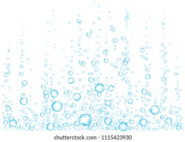 Underwater fizzing air, water or oxygen  bubbles on white  background. Effervescent drink. Fizzy sparkles in sea, aquarium.  Soda pop. Undersea vector texture.