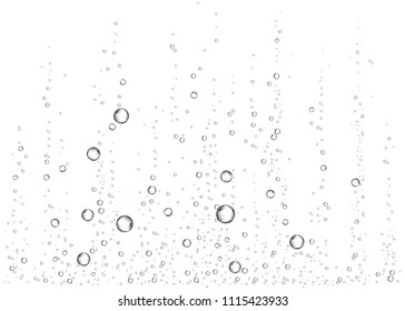 Underwater fizzing air, water or oxygen  bubbles on white  background. Effervescent drink. Fizzy sparkles in sea, aquarium. Champagne. Soda pop. Undersea vector texture.